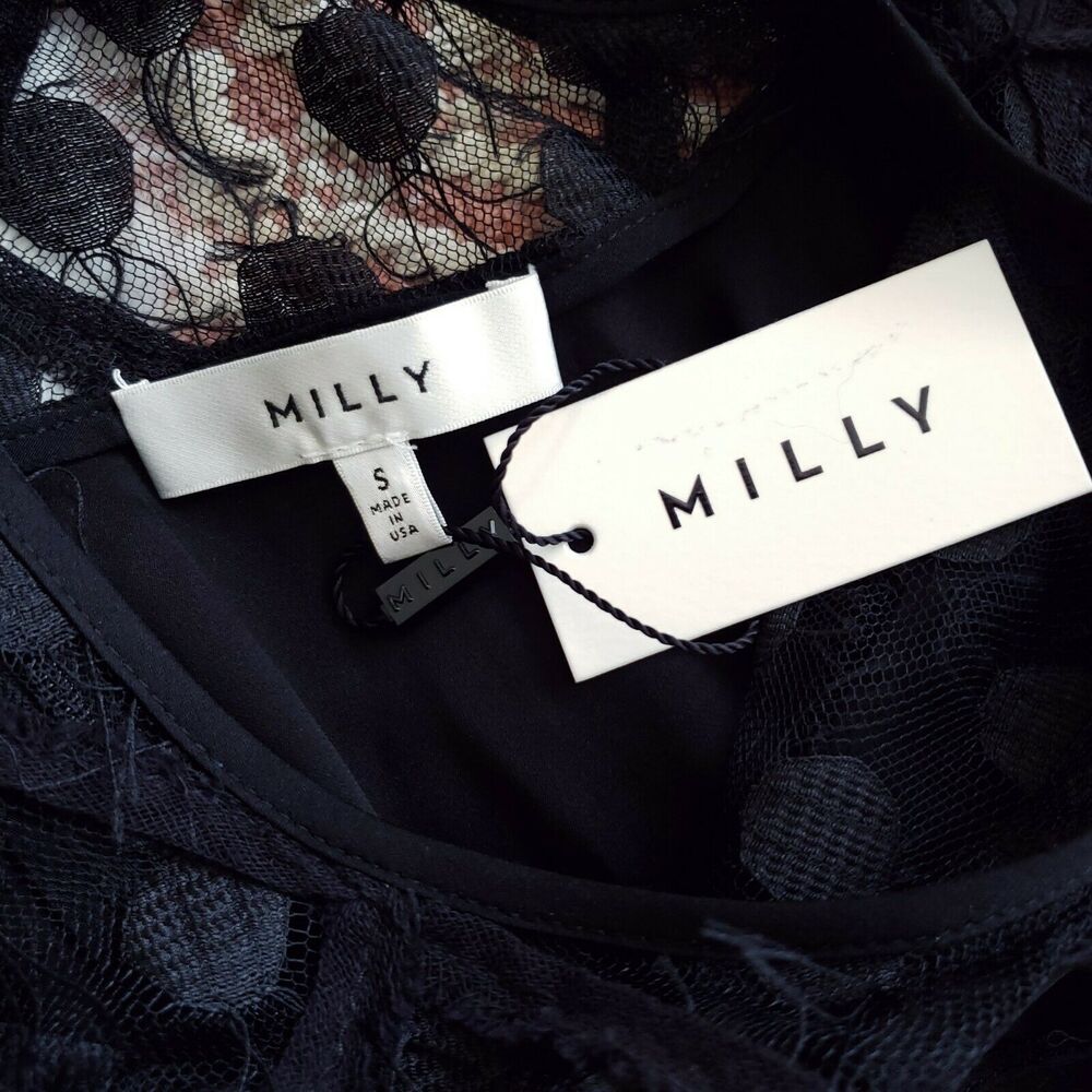 MILLY Illusion lace stretch silk trapeze top swing high low black blouse S NEW - Picture 6 of 8